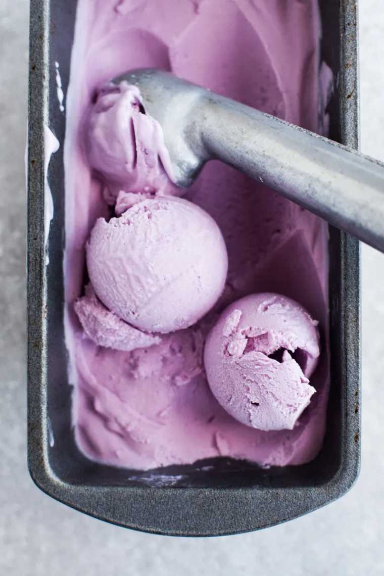 baking dish with bright purple vegan coconut sweet potato ice cream