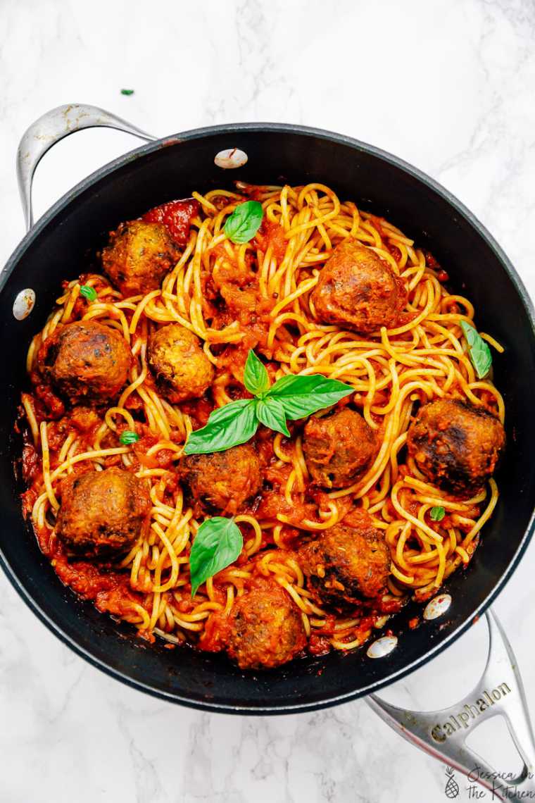 top view of a pot with Vegan Spaghetti and Meatballs