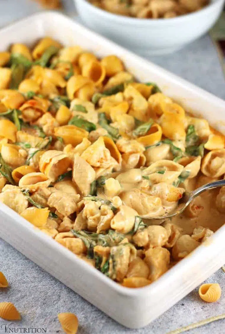 white baking dish with creamy vegan cauliflower mac and cheese for a healthy comfort food