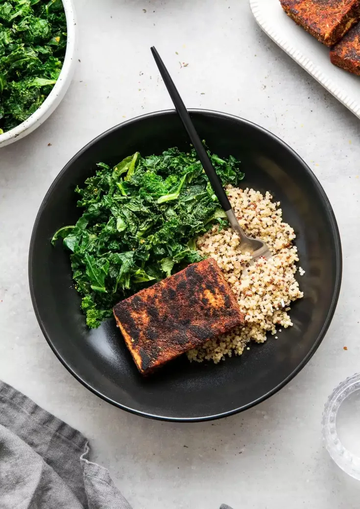 10 blackened tofu with sauteed kale