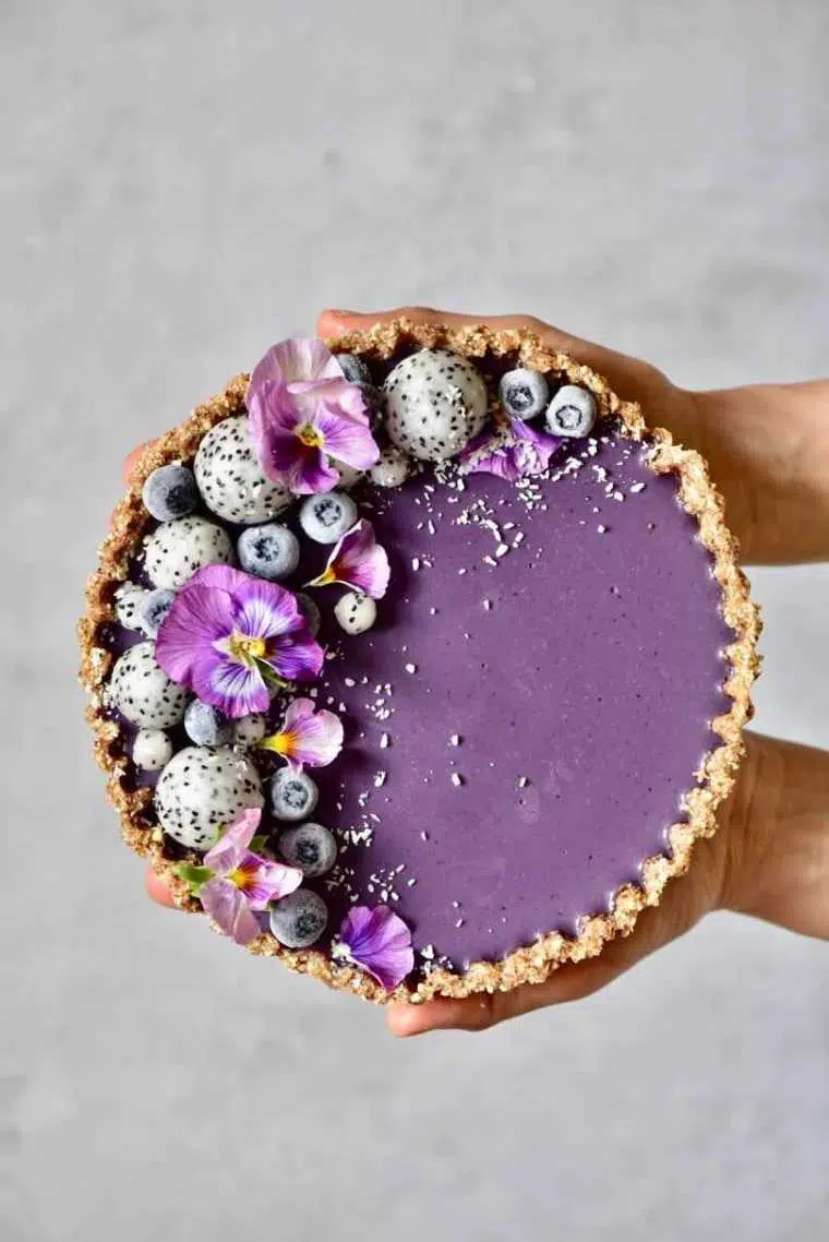 two hands holding a homemade raw vegan blueberry tart decorated with pitaya and edible flowers