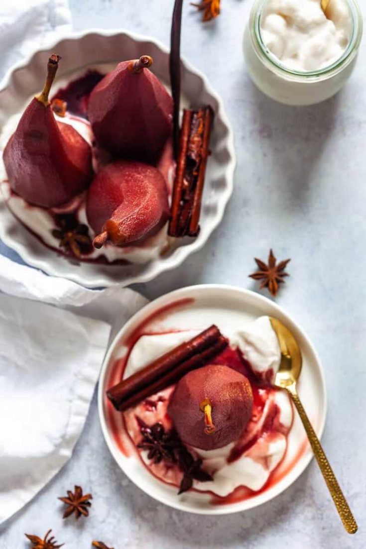 16 Red wine poached pears