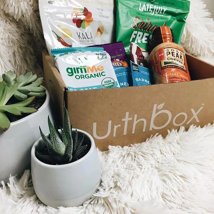Urthbox snack box on a blanket filled with a variety of vegan snacks