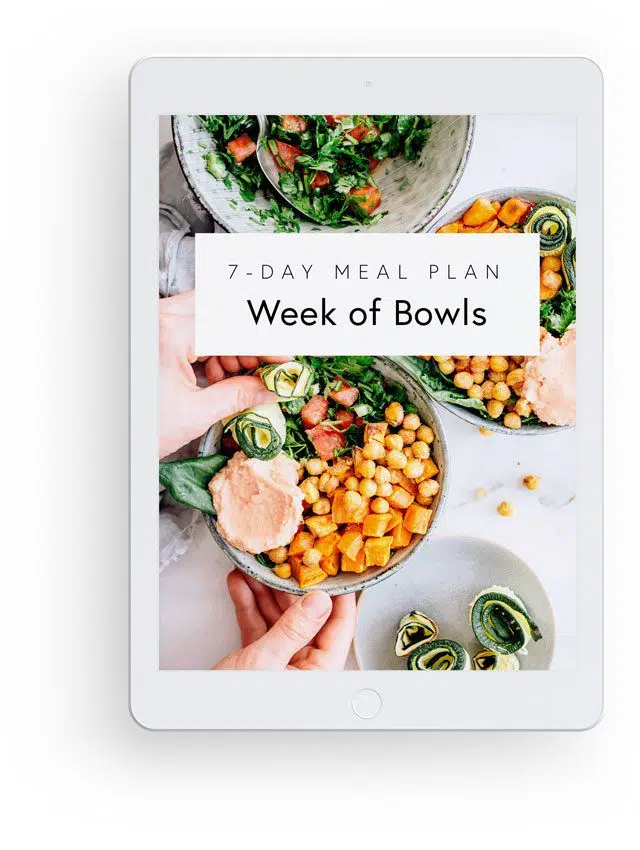 3D mockup with white ipad showing Nutriciously's Week of Bowls 7-Day Meal Plan
