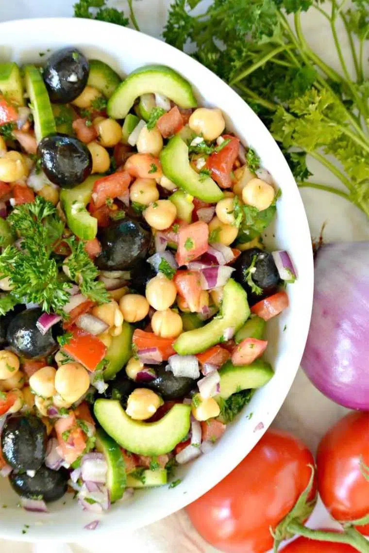 Chickpea Cucumber Salad Tomatoes Olives