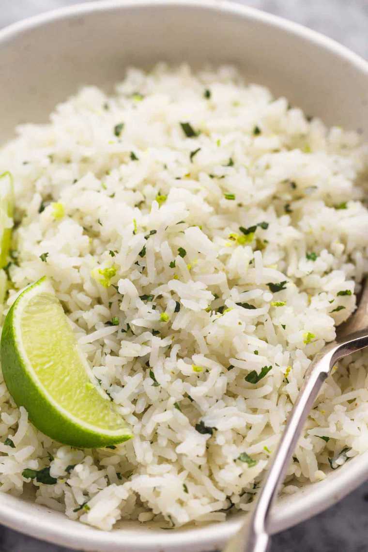 close up of a white bowl with Instant Pot Cilantro Lime Rice
