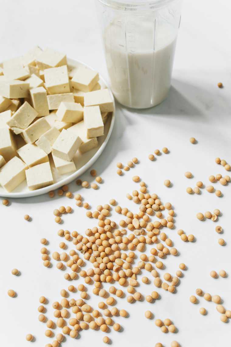 soy beans, milk and tofu on a table