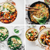 collage of Vegan 30 Minute Meals like pasta, stir-fry and chili
