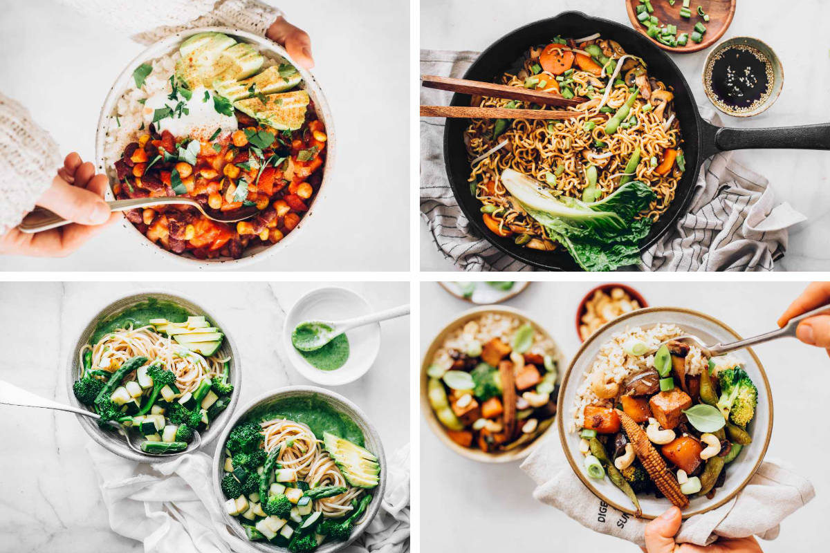 collage of Vegan 30 Minute Meals like pasta, stir-fry and chili