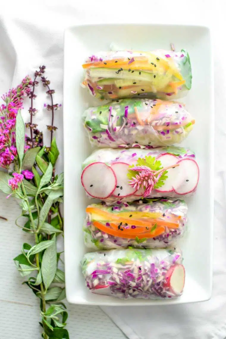 white plate with five colorful homemade fresh vegan spring rolls