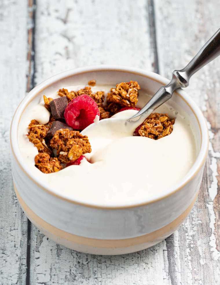 close up of a bowl with Vegan Instant Pot Yogurt, granola, fruit and a spoon