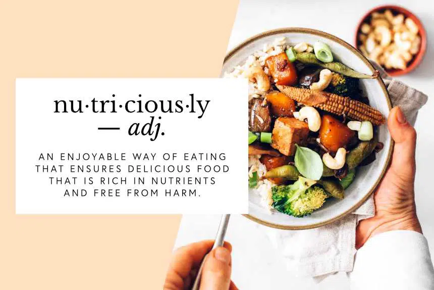 Woman with veggie bowl and text box with the definition of nutriciously