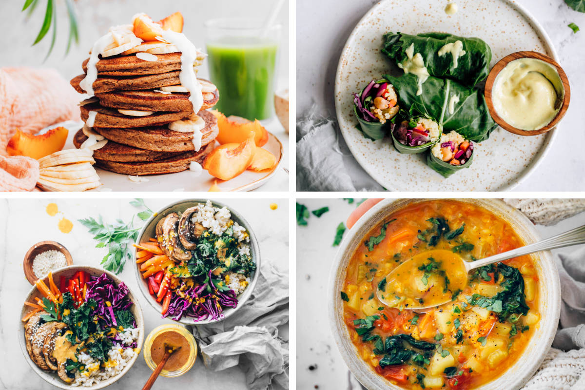 four Allergy Friendly Recipes including pancakes, bowls, wraps, and soup