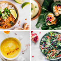 four vegetarian Anti-Inflammatory Recipes like golden latte, collard wraps, salad, and curry
