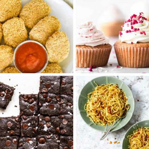 four different aquafaba recipes from brownies to cupcakes, spaghetti and vegan nuggets