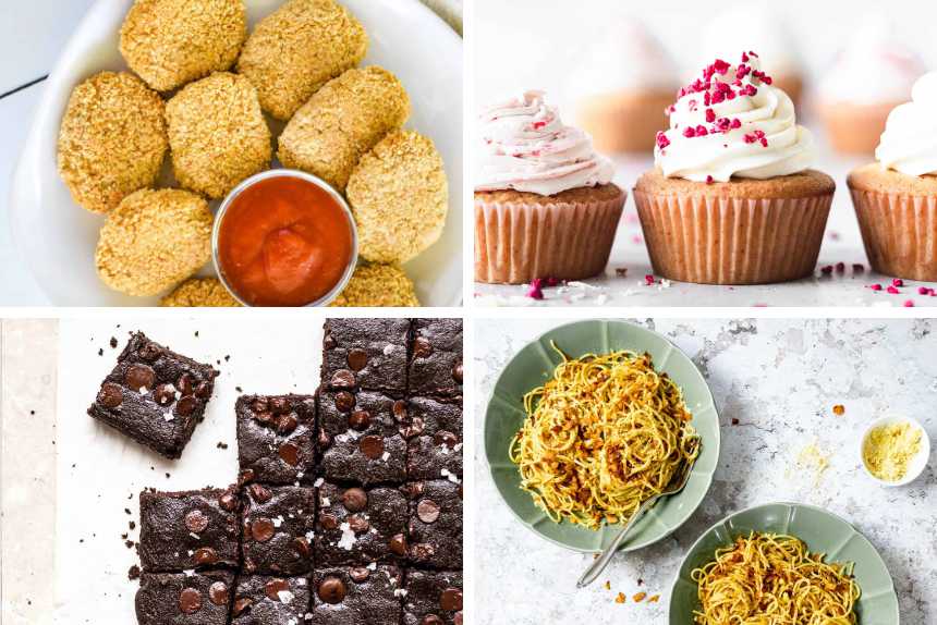 four different aquafaba recipes from brownies to cupcakes, spaghetti and vegan nuggets