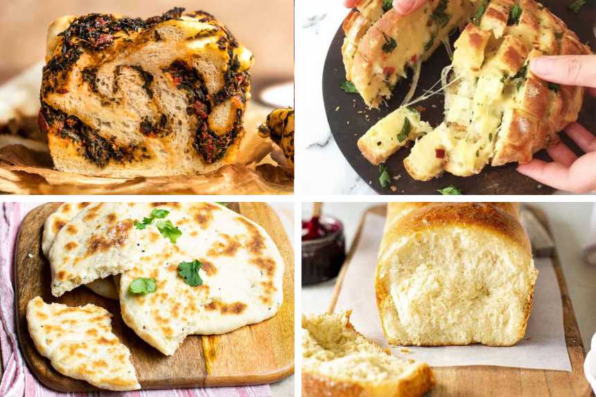 collage of four different sized and flavored best vegan bread recipes