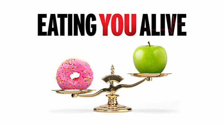 Eating You Alive text above golden scale with donut on one side and apple on the other