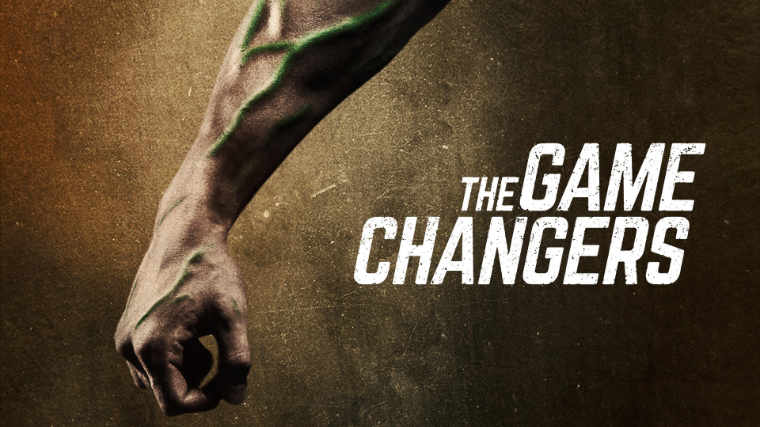 The Game Changers film image with a veiny men's arm next to the text The Game Changers