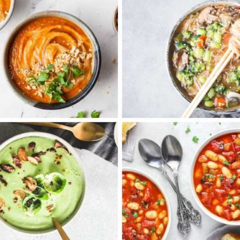 collage of four vegan soups from smooth carrot ginger to noodle or white bean tomato soup
