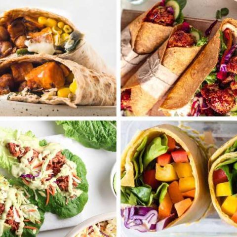 collage of four different recipes for vegan wraps from chickpea stuffed to rainbow and lettuce with jackfruit
