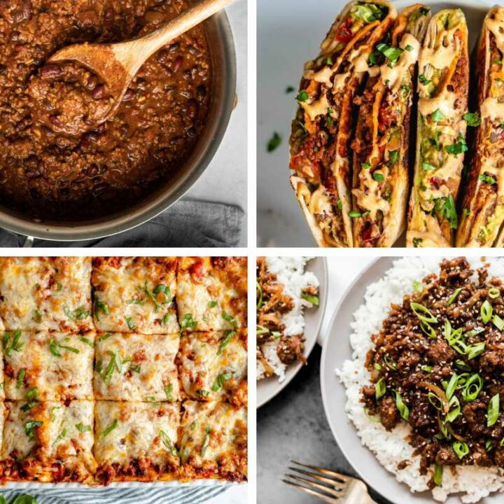 4 Beyond Meat Recipes like chili, lasagna, crunchwrap, and a vegan rice dish