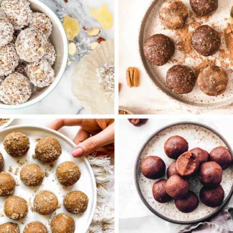 collage of 4 different vegan bliss balls recipes with coconut, chocolate and peanut butter