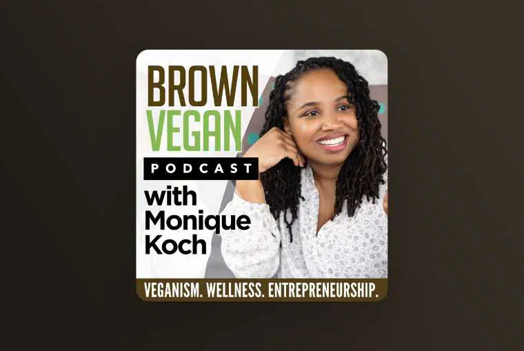 brown vegan podcast image on dark background