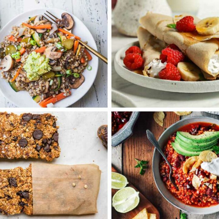 collage of Buckwheat Recipes like crepes, bars, chili and salad