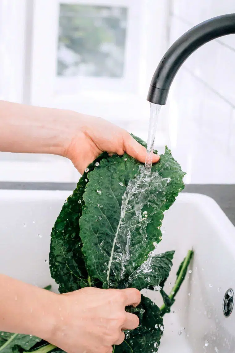 woman washing a couple of fresh kale leaves in the kitchen