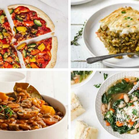 collage of four Cheap Vegan Meals like budget-friendly pizza, Shepherd's Pie and bean soup