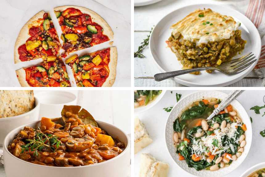 collage of four Cheap Vegan Meals like budget-friendly pizza, Shepherd's Pie and bean soup