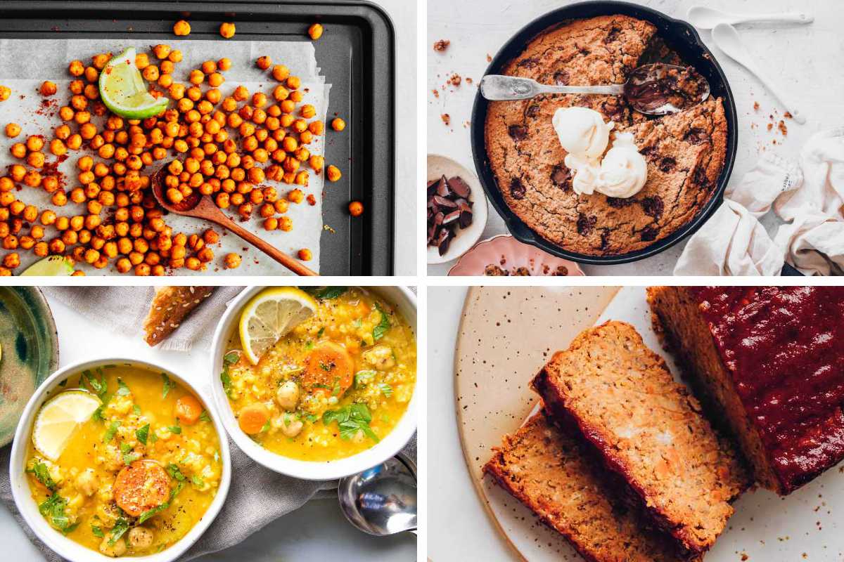 four Vegan Chickpea Recipes from roasted chickpeas to vegan meatloaf, soup and skillet cookie