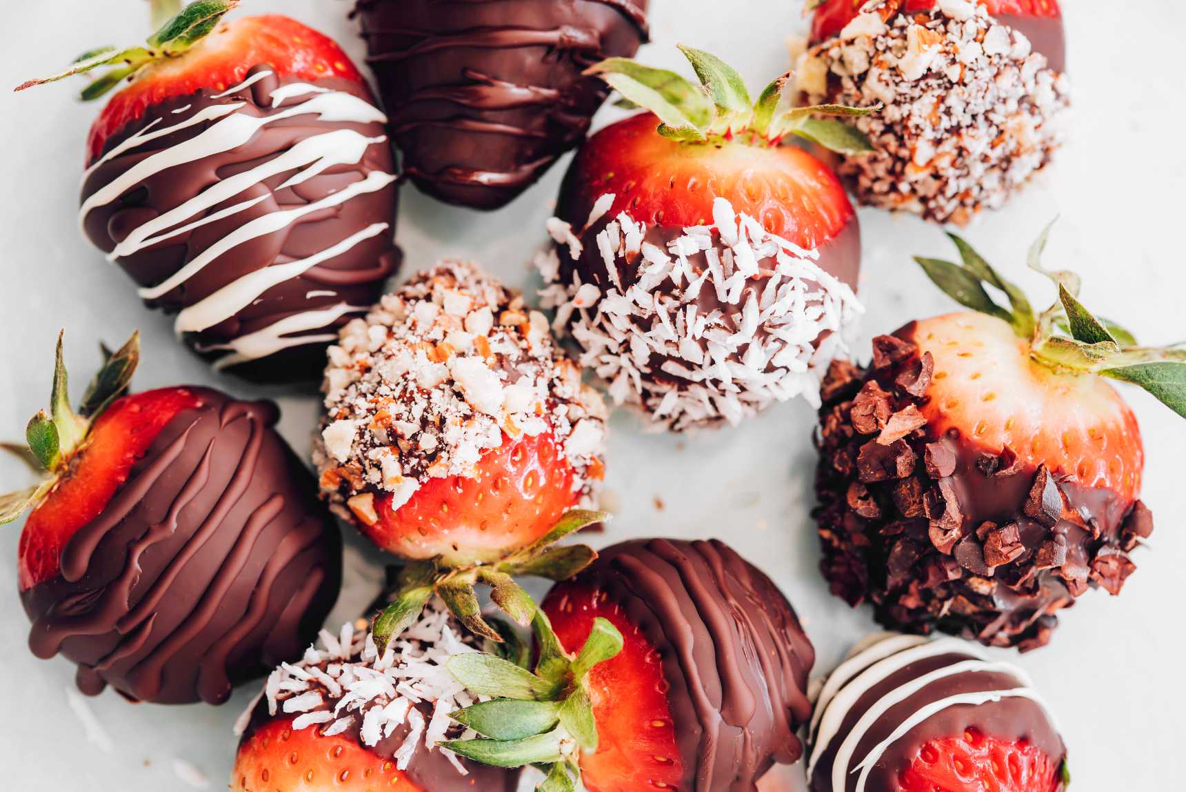 10 Vegan Chocolate Covered Strawberries with different crunchy coatings