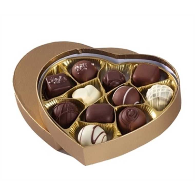 golden box with a dozen vegan chocolate pralines for Mother's Day