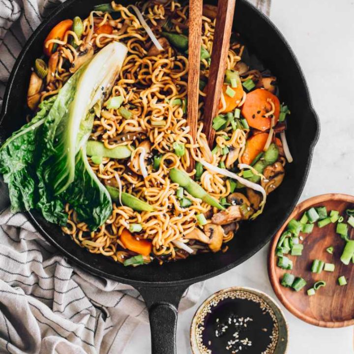 black pan with homemade vegan Chow Mein Noodles and chopsticks