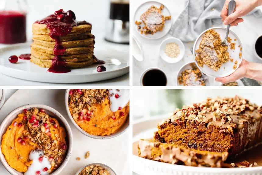 collage of four different vegan Christmas breakfast recipes from oatmeal to pancakes, smoothie bowl and sweet bread