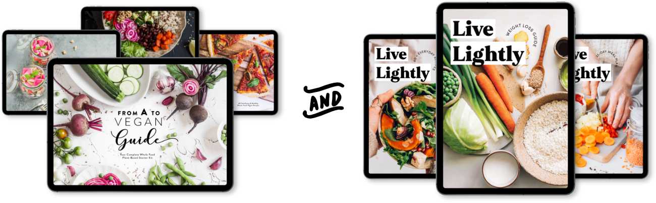 iPads showcasing Nutriciously's Vegan Starter Kit and Live Lightly eBooks