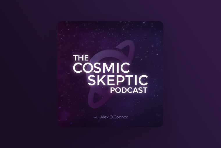 the cosmic skeptic podcast image on purple background