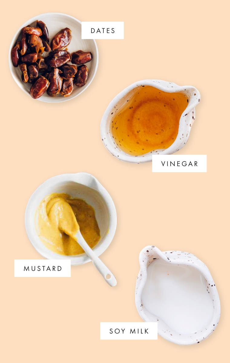 photo collage of medjool dates, vinegar, mustard and soy milk