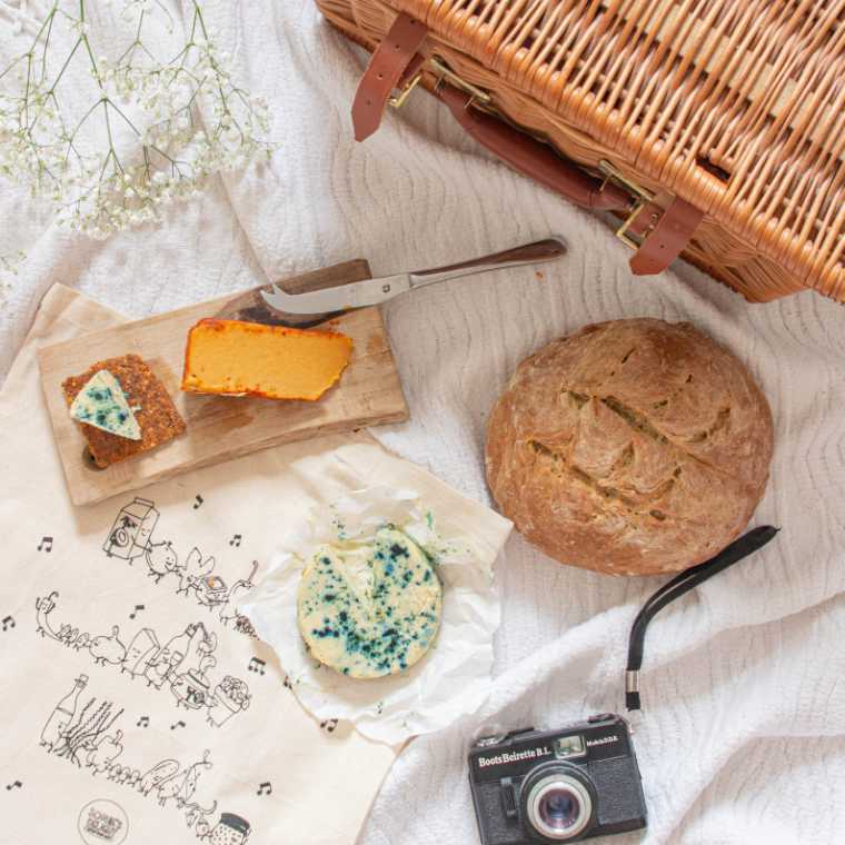 picnic blanket with a cutting board and different types of vegan cheese next to a loaf of bread, camera and basket