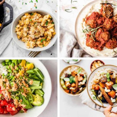 collage of 4 easy vegan recipes for beginners from mac and cheese to lentil balls, colorful vegan bowl and veggie stir fry