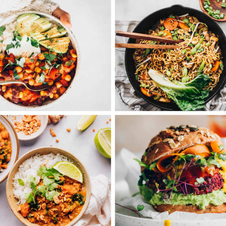 four different easy vegan dinner recipes including rice and pasta dishes as well as burgers