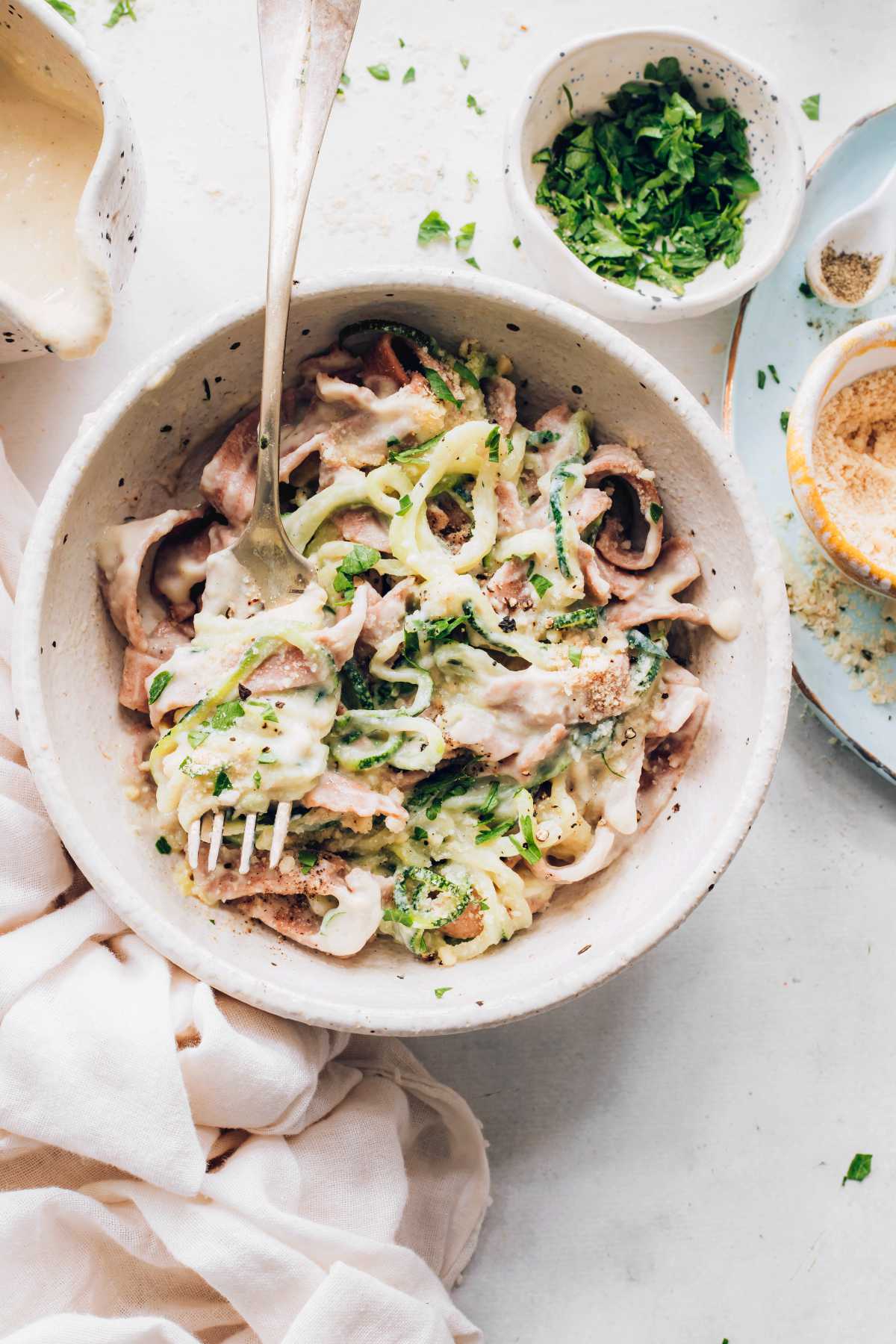 Skinny Fettuccine Alfredo with zoodles in a bowl