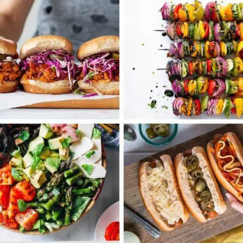 collage of 4 vegan BBQ recipes like sliders, grilled veggie salad, skewers and veggie dogs