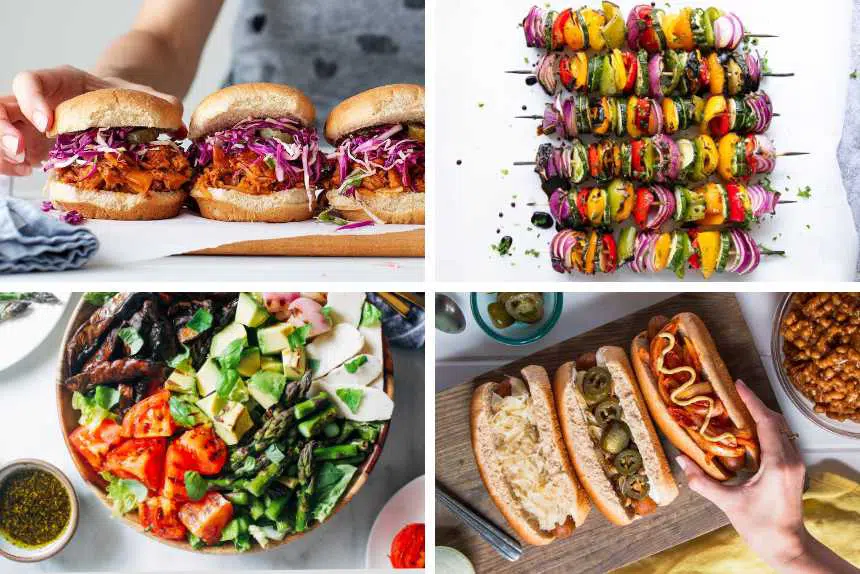 collage of 4 vegan BBQ recipes like sliders, grilled veggie salad, skewers and veggie dogs