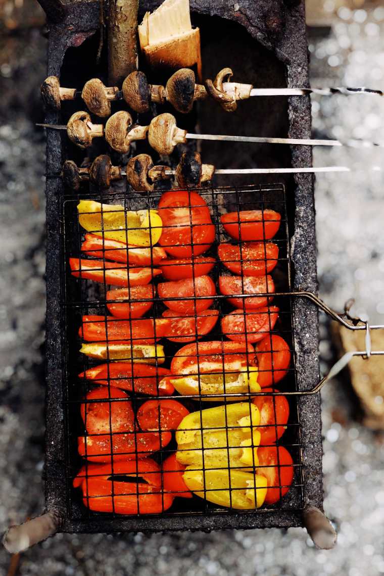 grill with mushrooms and sliced bell peppers