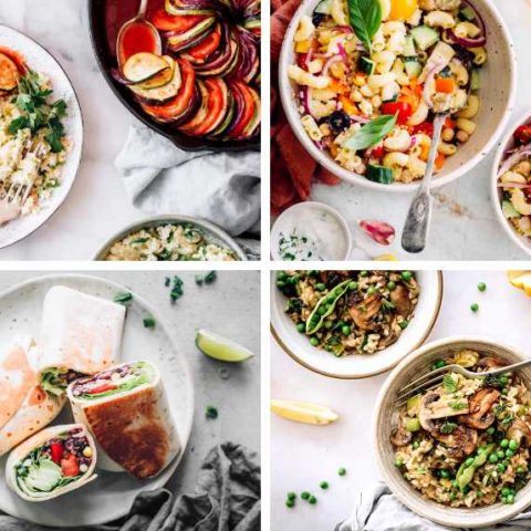 collage of four high carb low-fat vegan recipes like bean burritos, pasta, rice and baked vegetables