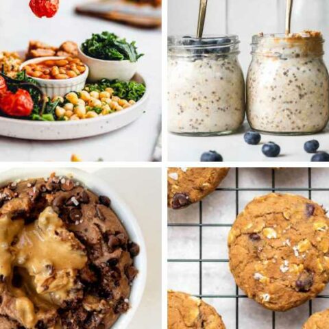 collage of high-protein vegan breakfasts from protein overnight oats to peanut butter cookies, baked oats and fry up