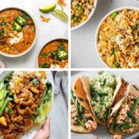 four tasty High-Protein Vegan Meals like soup, tacos, orange chicken and stir fried rice